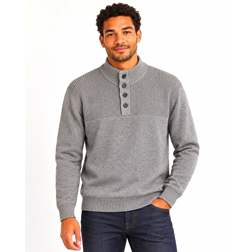 Club Room Men's Gray Mock Neck Button Pullover Sweater Size L Ribbed Knit